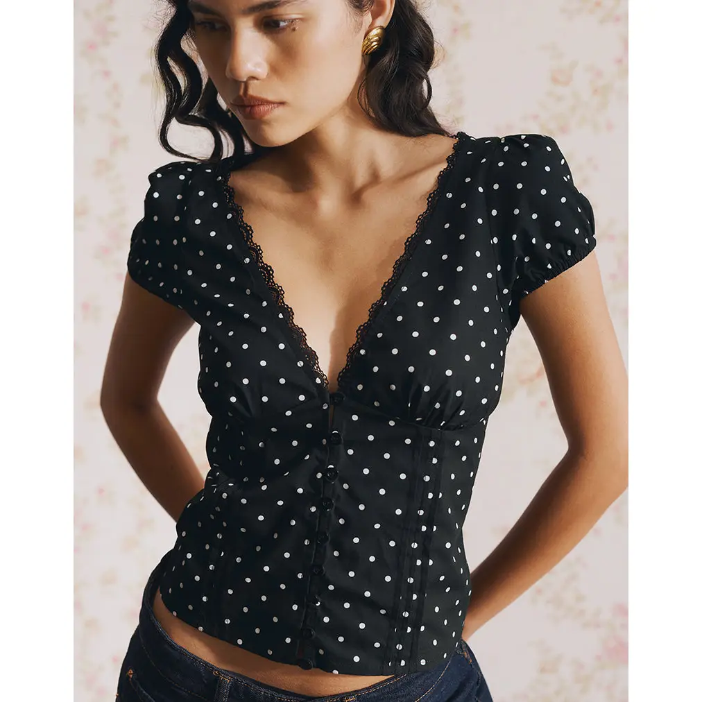 Motelrocks Women's Ilias Corset-Fitted Bubble Polka Dot Blouse in Poplin with a Deep V-Neck, Short Capped Sleeves, and Button Front, Shortsleeve, Top