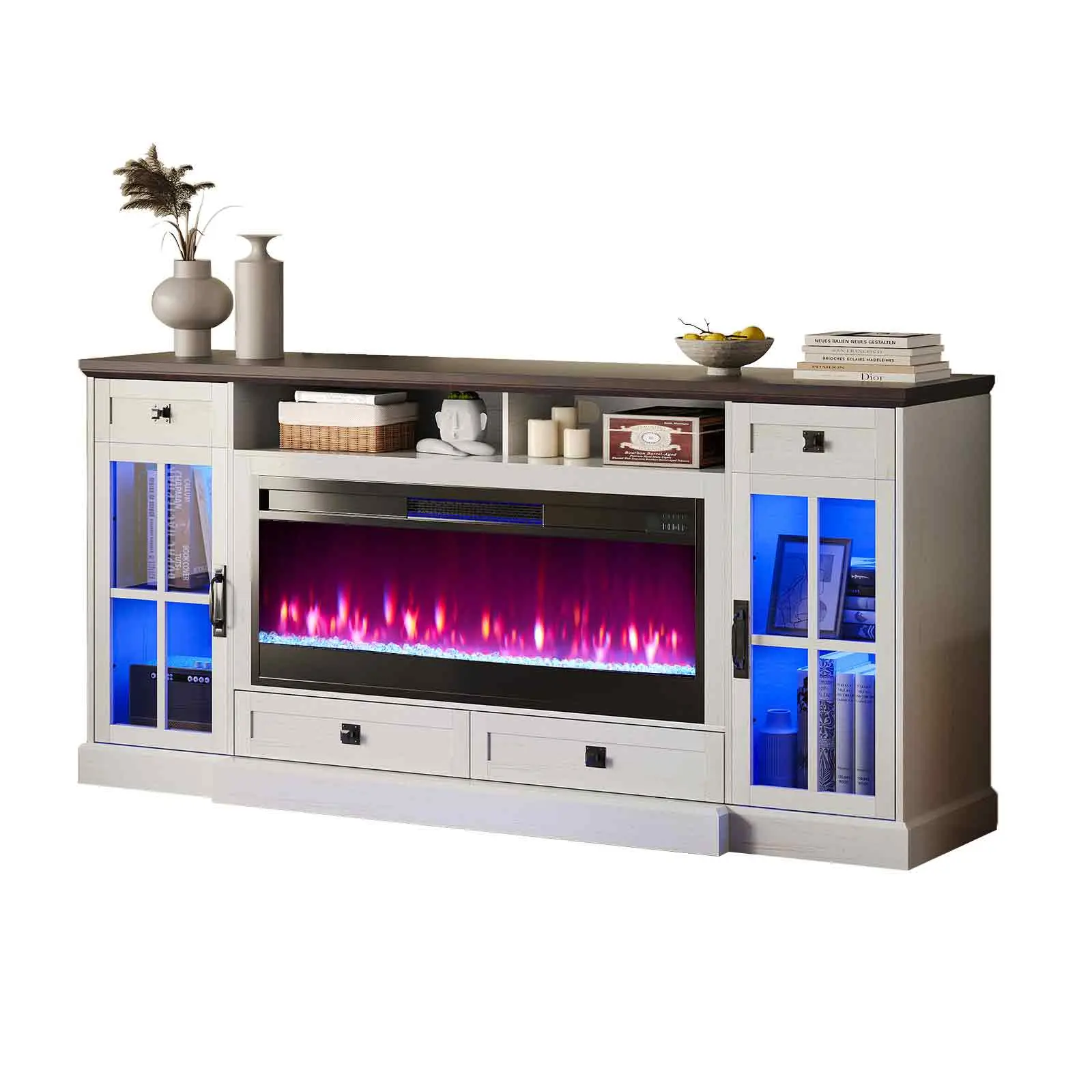 【Ships in 2 Boxes】AMERLIFE 70“ Fireplace TV Stand for 80 Inch TV,Farmhouse TV Stand with 42" Fireplace & LED Lights,Entertainment Center with Storage,Best Gift Ideas/Christmas Gifts