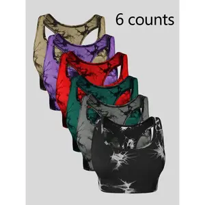 Women's Tie Dye Print Sports Vest, Sporty Square Neck Padded Crop Tank Top for Yoga Gym Workout, Ladies Sportswear for All Seasons, Gym Workout Clothes