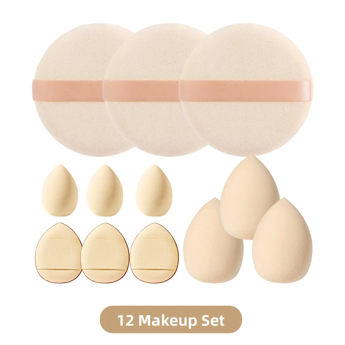 12-Piece Makeup Sponge Set, 3 Large & 3 Mini Sponges, 3 Round & 3 Mini Cushion Sponges, Dry/wet Use, Powder-Proof, Beginner-Friendly