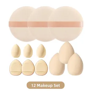 12-Piece Makeup Sponge Set, 3 Large & 3 Mini Sponges, 3 Round & 3 Mini Cushion Sponges, Dry/wet Use, Powder-Proof, Beginner-Friendly