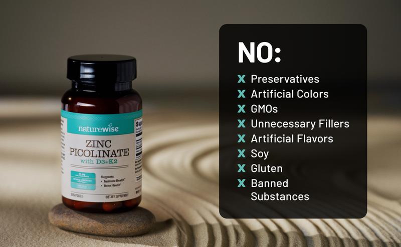 NatureWise Zinc Picolinate with D3 + K2 - Zinc Supplements for Men & Women + Vitamin D3 K2 - Supports Immune & Bone Health* - Non-GMO, Gluten Free, USA Manufactured