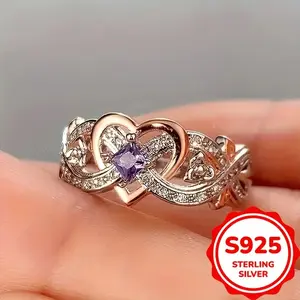 1 Piece Elegant Infinity Heart Ring with Purple Synthetic Amethyst, Engagement Wedding Ring, Everyday and Special Occasion Jewelry, Suitable for All Seasons