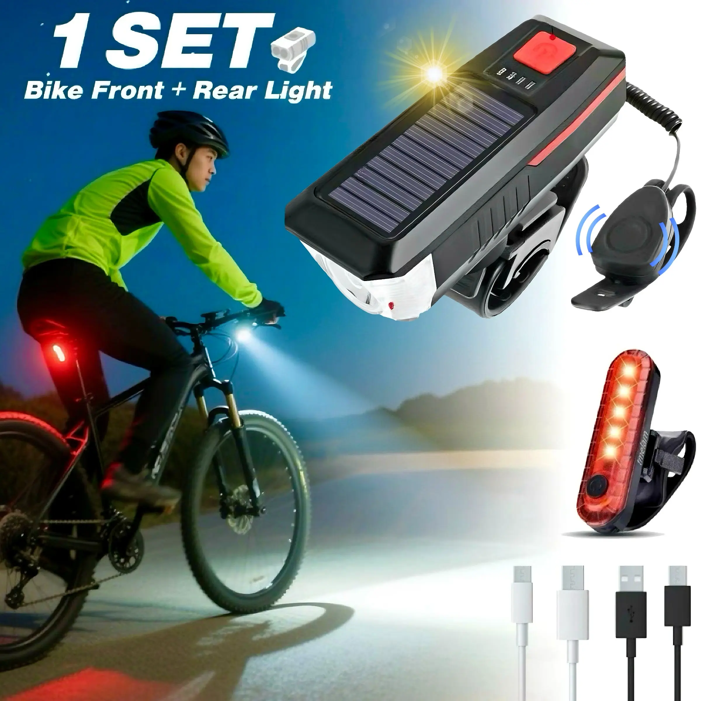 Rechargeable solar powered bicycle light, night time super bright headlight, equipped with 120dB electric bell and rear taillight, 2000mAh, easy to install, waterproof, durable, portable, suitable for roads, mountains, and cycling, LED bicycle light