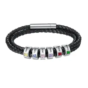 Father's Day Gift Custom Engraved Name Beaded Bracelet Black Leather Rope Raw Stone Woven Bracelet for Men