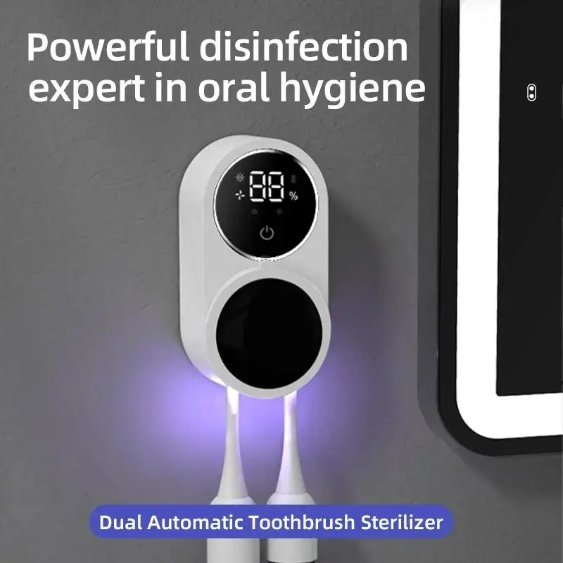 Smart Home Automatic Dual Toothbrush Disinfection Box, Digital Uvc UV Sterilization Dryer Rack, No Drilling Electric Toothbrush Holder