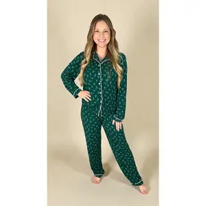 Women’s Bamboo Pajama Set – Long Sleeve Lounge Wear, Soft Breathable Sleepwear (Botanical Leaves)
