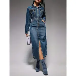 Fall?fashion?must?haves Elegant Women's Midi Skirt with Lapel and Side Slits - Button Front, Light Blue, Perfect for Spring/Summer Womenswear??gift?? Bottoms Casual