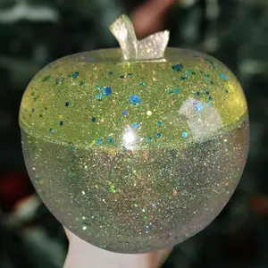 Apple Jar Translucent with Glitters, Circular Design, Green and Blue Glitter Accents, Ideal for Display - Bottles, Tin