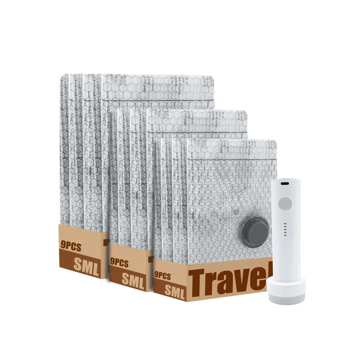 9-Pack Rechargeable Wireless Pump Compression Storage Bags (S/M/L) - Portable Space-Saver Organizers for Travel Suitcase Backpack, Home Clothing Storage