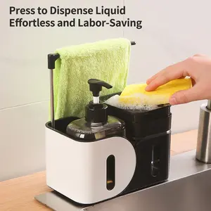 Kitchen Sink Dish Soap Dispenser Set with Sponge Holder and Cloth Rack, Four-In-One Kitchen Countertop Dual Dispenser with Storage Box