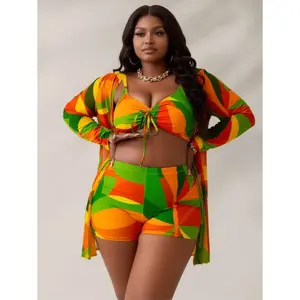 Geometric Swimsuit Set For Women - Drawstring Bikini Top, High Waisted Shorts & Sheer Cover Up - Vibrant Print Bathing Suit For Beach, Pool, Vacation - 3 Piece