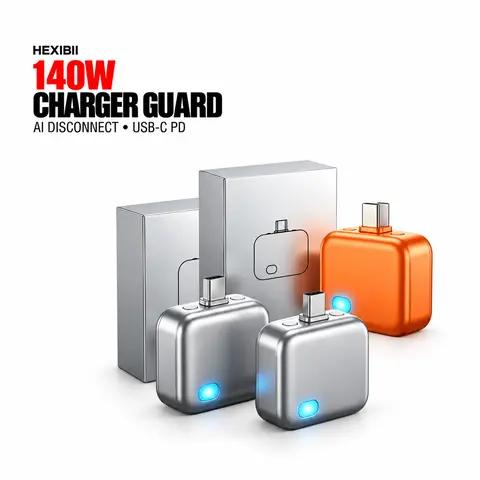 Hexibii 140W PD3.1/QC4+ USB-C Inline Smart Charger Guard - AI Auto-Disconnect Technology, Flame-Retardant Shell, White/Blue Mode LED, Compact, Dual-Channel Safety System, Anti-Overcharge Auto-Stop for iPhone, Laptop