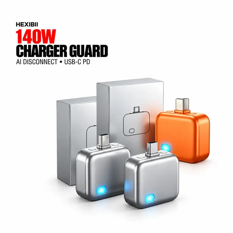 Hexibii 140W PD3.1/QC4+ USB-C Inline Smart Charger Guard - AI Auto-Disconnect Technology, Flame-Retardant Shell, White/Blue Mode LED, Compact, Dual-Channel Safety System, Anti-Overcharge Auto-Stop for iPhone, Laptop