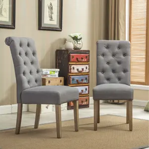 Button Tufted Dining Chairs Set of 2, Parsons Upholstered Fabric Dining Room Chairs Kitchen Chairs with Wood Legs and Padded Seat, Grey