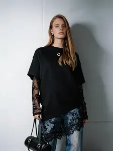 Women's Solid Color Round Neck Lace Patchwork T-Shirt Short Sleeve Top, Casual Basic Fitted Plain Tee, Perfect for Daily Wear, Womenswear