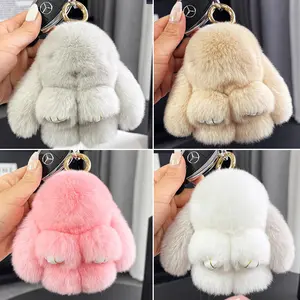 Premium genuine leather and real rex rabbit fur plush bunny doll phone pendant bag decoration keychain toy car ornament