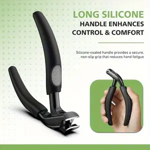 Curved Head Toenail Clipper for Seniors for Thick Toenails Long Handle Toe Nail Clipper with Catcher German Stainless Steel Angled Nail Clipper with SiliconeGrip Black