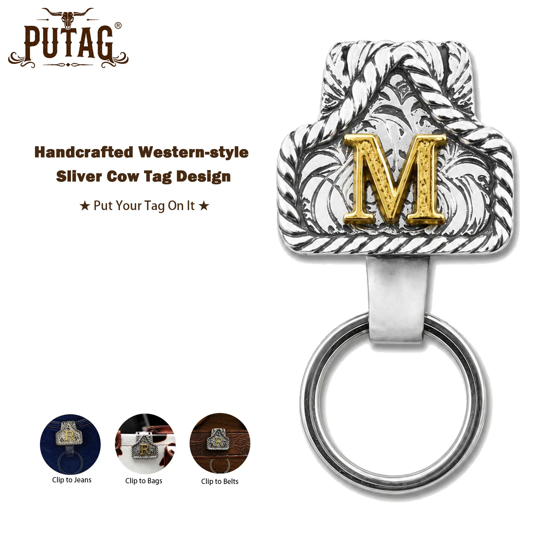 PUTAG Western-Style Keychain for Men & Women, Zinc Alloy Cow Tag Key Holder with Custom Copper Initial, Durable Belt Clip Accessory for Purse & Bags, Keychain For Purse, Portable Keychain