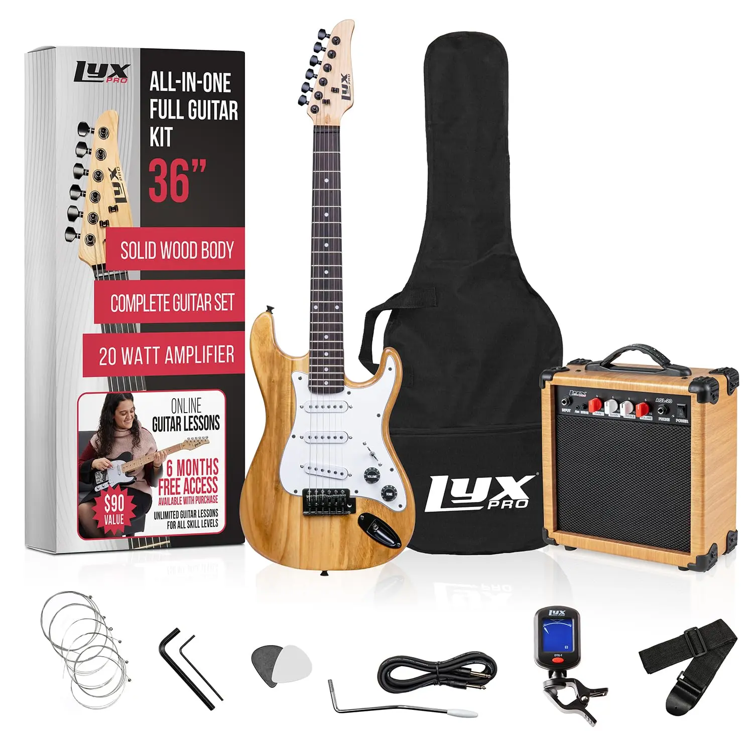 LYXPRO 36 Inch Electric Guitar Kit for Kids 3/4 Size Beginner Set with 20W Amp Digital Tuner Strings Picks Strap & Soft Case Natural