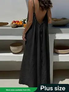 New Plus Size Backless Loose Fit Long Home Dress for Women, Womenswear Casual Vacation Style Sleeveless Tank Top, Comfortable Summer Wear Loungewear