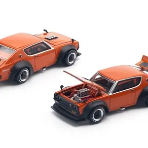 POP RACE SKYLINE GT-R V8 DRIFT KENMARI Orange Diecast Model Car with Detailed Interior and Open Hood Design