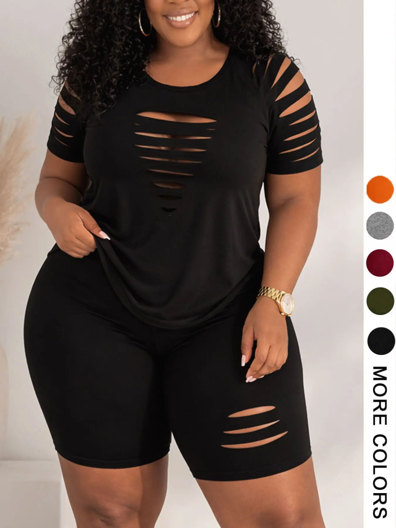 Plus Size Cutout 2 Piece Outfit Clothes, Black Short Sleeve Top and Biker Shorts Set, Curvy Casual Summer Loungewear Tracksuit for Women Womenswear