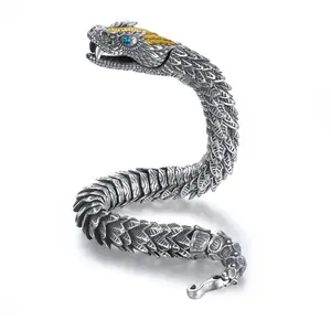 Men's 925 Sterling SilverSnake Scale Bracelet, Gothic Viking Articulated Link Chain, Vintage Silver Tone Punk Rock Biker Wristband, Mythological Viper Head Ouroboros Bangle Jewelry Gift