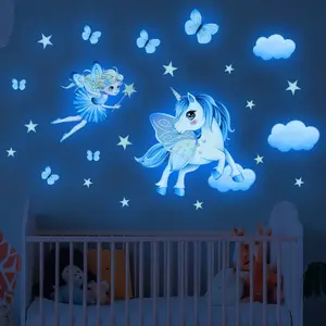 Hand-Drawn Dreamy Fairy Unicorn Blue Glow In The Dark Wall Sticker, 30x30cm, Home Decor for Living Room & Bedroom, Festival Halloween Decoration