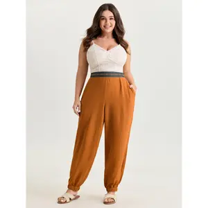 BLOOMCHIC Plus Size Colorful Waistband Cuffed Plain Pants [M-6X]2026 Summer Vibes Swimweek