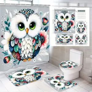 4pcs Whimsical Owl Bathroom Decor Set - Colorful Shower Curtain with Vibrant Mosaic Design, Matching Toilet Seat Cover & Cozy Bath Mats, Nature-Inspired Fantasy Theme for a Playful Modern Sanctuary - Perfect for Spring Refresh!