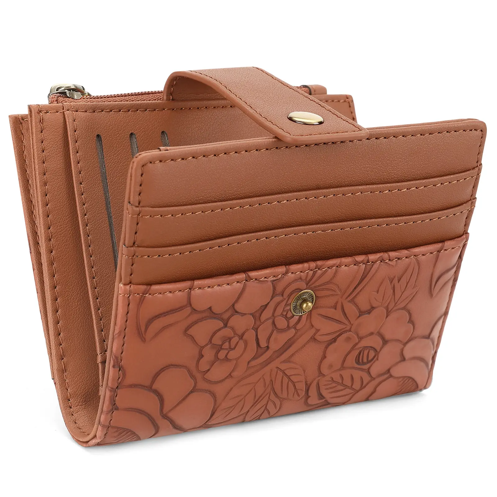 Women's Vintage Slim Short PU Leather Wallet Card Holder, Embossed Floral Design, Card Slots, Snap Button Clasp, Zippered Closure, Compact Home Organizer Accessory - Mini Graduation Gift