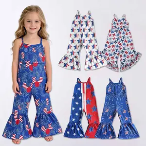 4th of July Girl Jumpsuit Sleeveless Flare Pants Perfect for Independence Day Memorial Day Patriotic Events