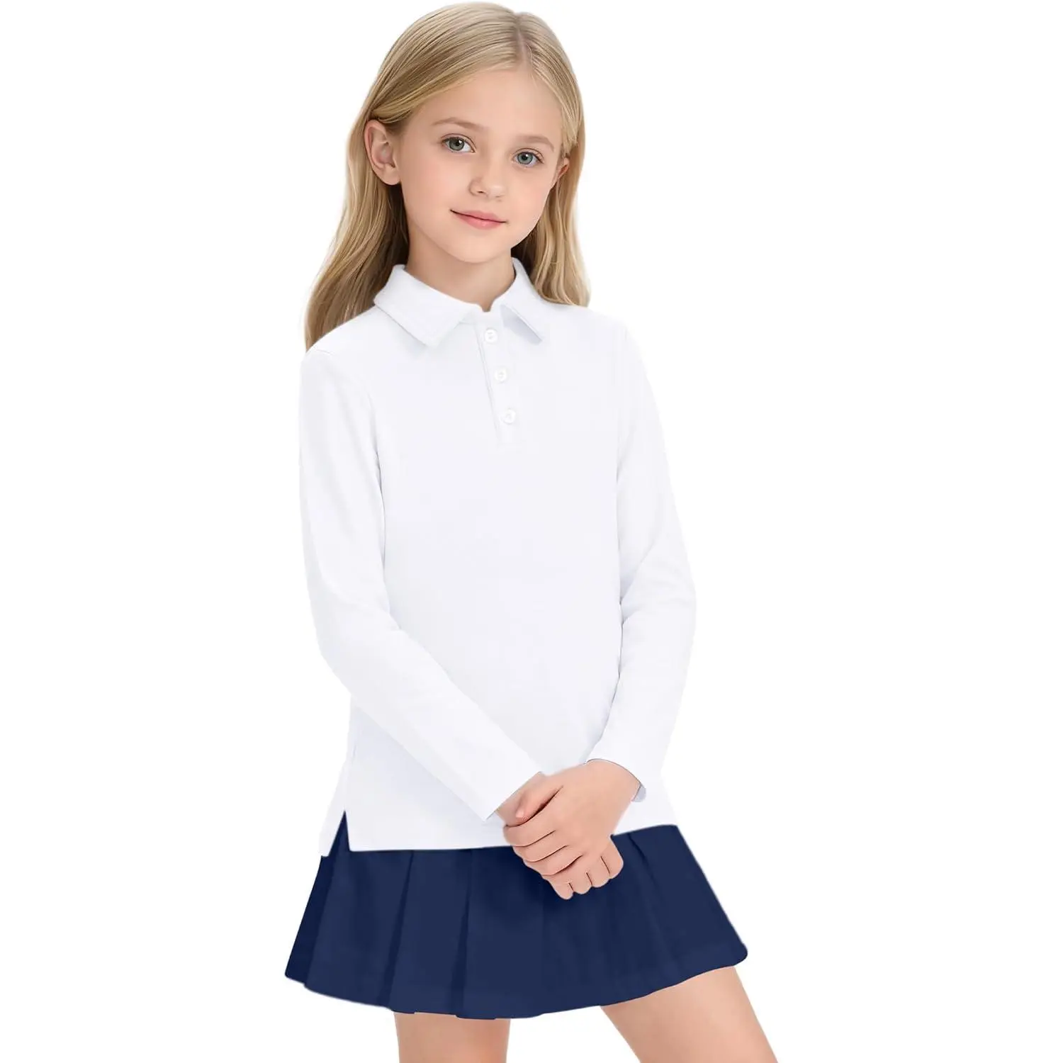 Girls' Uniform Long-Sleeve Polo Shirts, Cotton Blend Full Sleeve Tops for School Wear