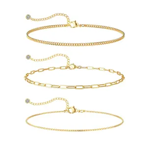 TEWIKY 14K Gold Plated Triple-Layer Anklet with Cuban Link Paperclip Box Chain Elegant Design Valentine's Day Gift Versatile Accessory