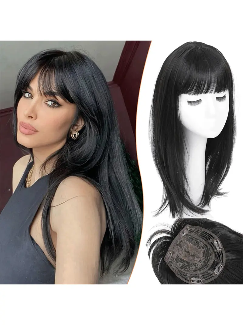 ? Women Black Shoulder Bob Wigs Straight Bangs Fiber Synthetic Hair Natural Synthetic Hair Short Bob Wig Straight Black Wig Full Bangs  main image 2