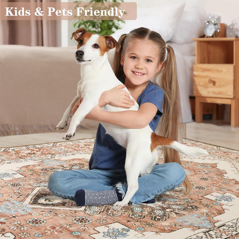 9x11 Feet Orang Machine Washable Vintage Area Rug Non-Slip Low Pile Large Rug For Living Room, Bedroom, Farmhouse, Dining Room, 5x8, 7x10 Feet