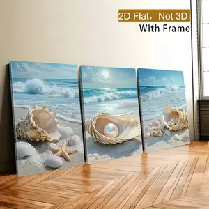 3-piece wooden frame decorative posters - 3-piece set of coastal shells and conch canvas wall art, summer beach waves ocean prints, suitable for bathroom, living room, or bedroom decor, wall-hanging blue seascape.