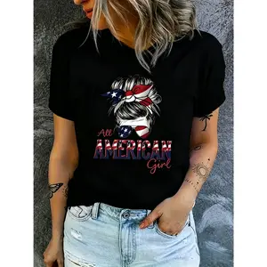 Women's Comfortable White Cotton Round Neck Shortsleeve Tshirt - Patriotic USA Flag Messy Bun Graphic Streetwear Top with Bandana Style, 4th of July Everyday Girl Casual Tee