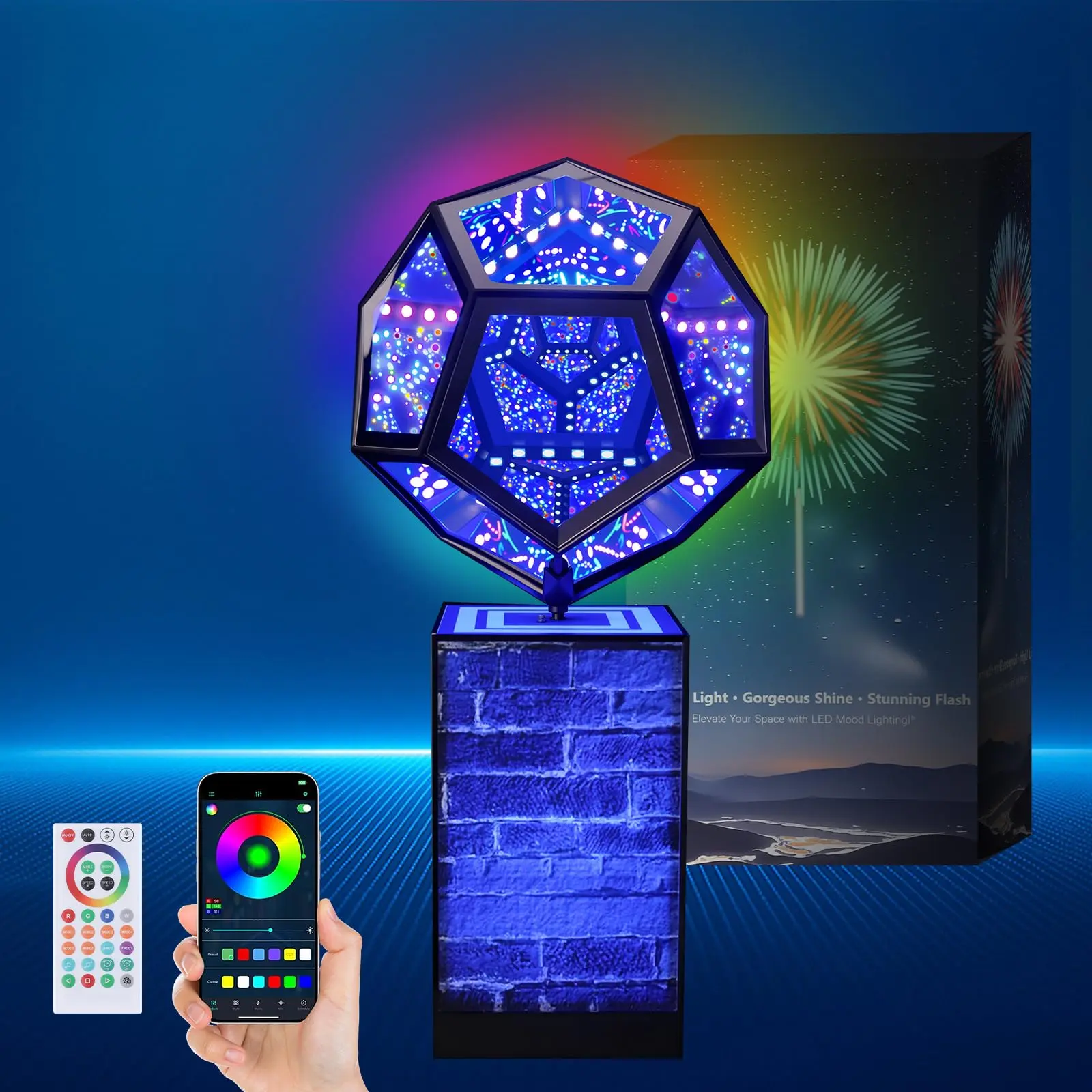 Upgraded Rotatable Infinity Mirror Light Cool LED Changing Night Light Dodecahedron Lights with Music Sync Function for USB Power Supply for Computer Game Table Birthday Gift