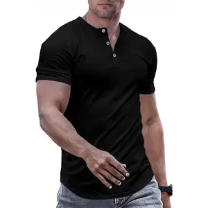 Men's Muscle Slim Henley Shirts Crewneck Longline T-Shirt Gym Workout Athletic Shirt Tees with Button