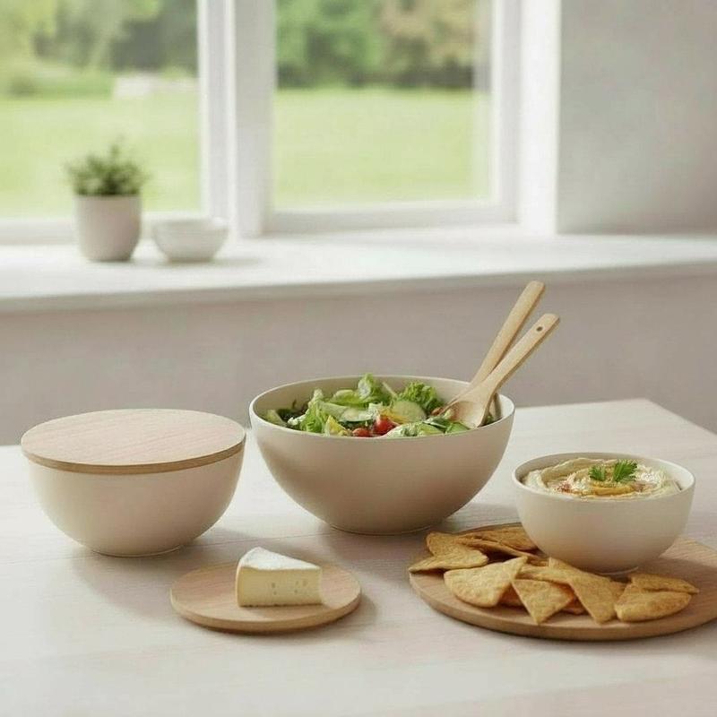 LovaHome Bamboo Serving Bowl Set with Cutting Board Lids 3 Bowls Utensils Eco Friendly Nesting Bowls for Salads Fruit Chips Dip Popcorn Veggies Sides