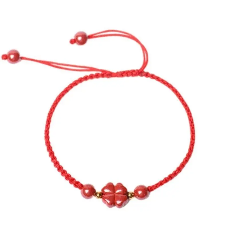 Red Adjustable 4-Leaf Clover Pendant Bracelet, Vintage-Style Braided Cord with Beads for Daily Wear