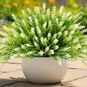 10 Bundles Artificial Monkey Grass with White Flowers – Outdoor UV Resistant Faux Plants for Garden, Patio, Porch, Home Decor