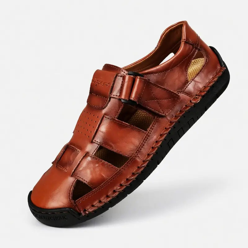 Men’s Premium Adjustable Buckle Sandals - Round Toe, Wedge Heel, Retro Vintage, Below Ankle, Velcro Adjustment, Handcrafted Sewn Design, Soft Upper, Soft Insole, Breathable Men’s Shoes for Wide Feet, All Seasons, Daily Leisure