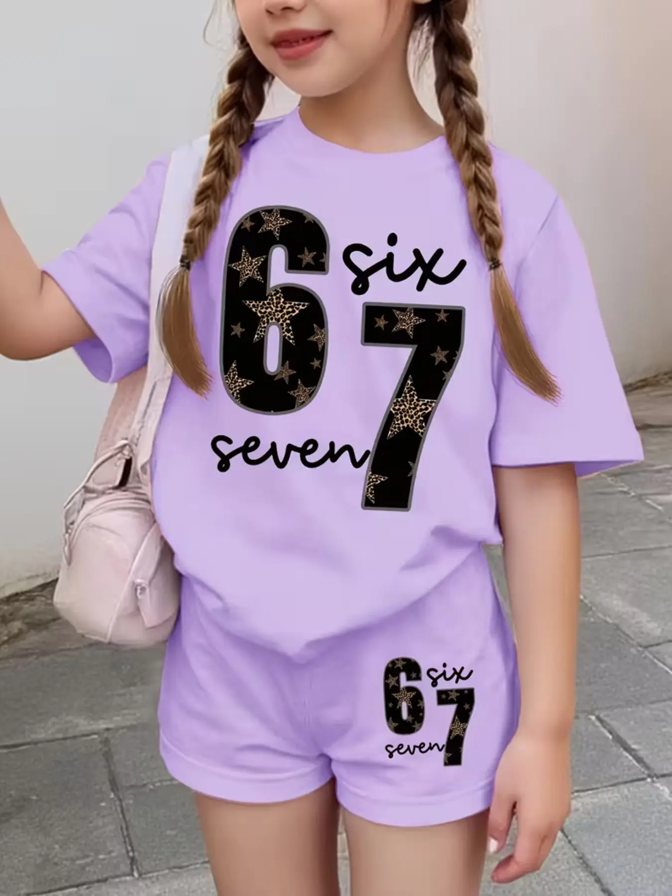 Girls Six Seven Leopard Star Number 67 Print Casual Sporty Style Sports Set, Summer Short Sleeve T-Shirt and Shorts, Fitted All over Print Sporty Style Clothes Sports Clothing Set, Kids Girls Clothing