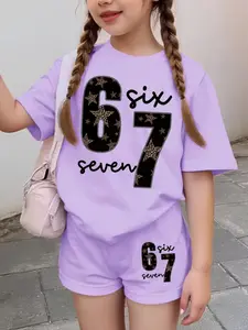 Girls Six Seven Leopard Star Number 67 Print Casual Sports Set, Summer Short Sleeve T-Shirt and Shorts, Fitted All over Print