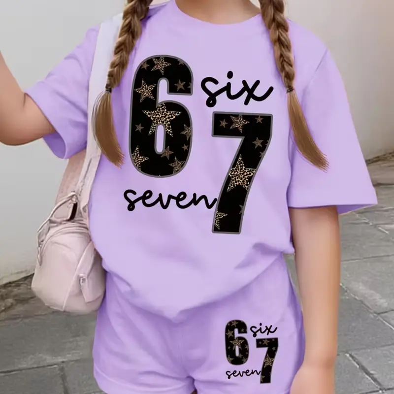 Girls Six Seven Leopard Star Number 67 Print Casual Sporty Style Sports Set, Summer Short Sleeve T-Shirt and Shorts, Fitted All over Print Sporty Style Clothes Sports Clothing Set, Kids Girls Clothing