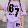 Girls Six Seven Leopard Star Number 67 Print Casual Sporty Style Sports Set, Summer Short Sleeve T-Shirt and Shorts, Fitted All over Print Sporty Style Clothes Sports Clothing Set, Kids Girls Clothing