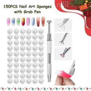 150PCS Nail Art Sponges with Grab Pen for Nails, Nail Design Brushes Tools, Essential Nail Tech Accessories for Salon & Home Use (White, Medium Pack)